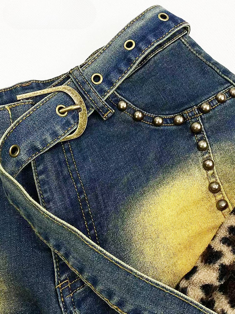 Blue Denim&Leopard Shaggy Plush Trim Distressed Shorts