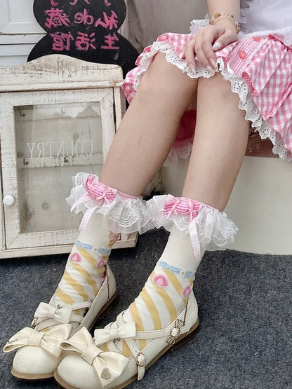 Pink&Yellow Sweet Lolita Bowknot Striped Pattern Calf Socks