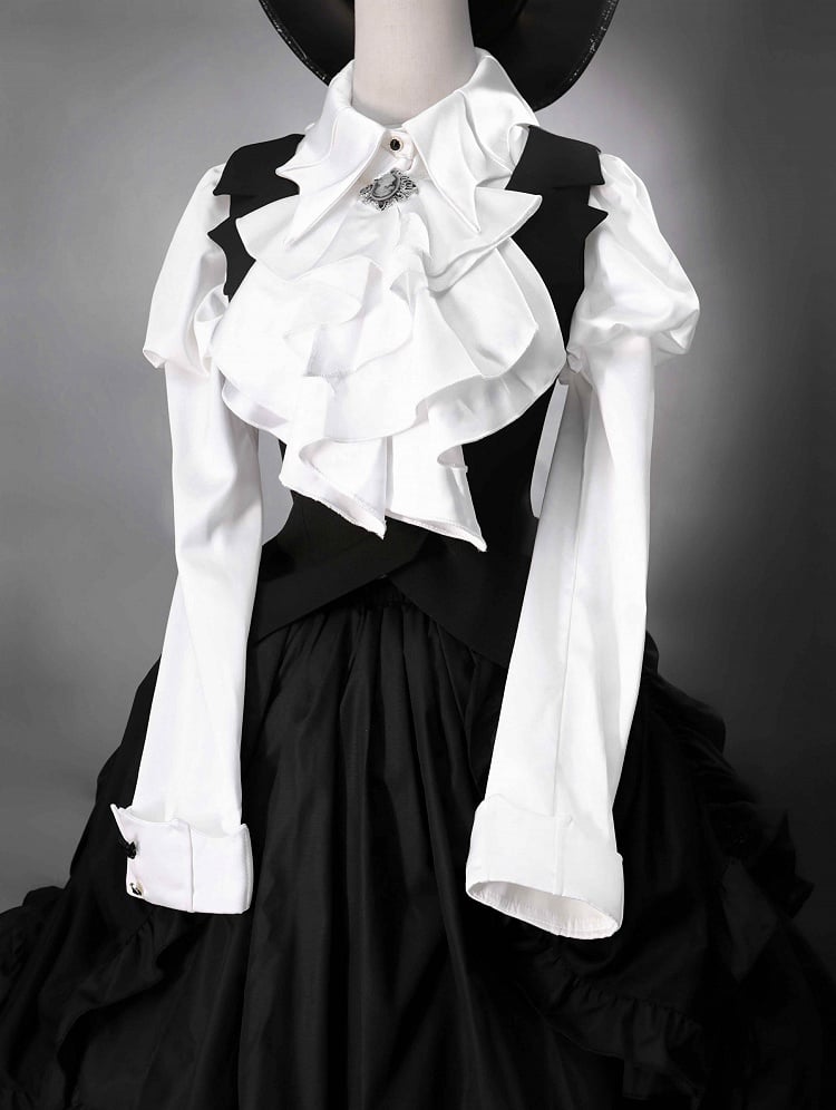 White Jabot Bat Wings Shape Collar Long Sleeves Shirt