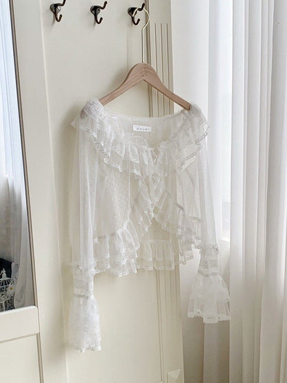 Sheer Flounce Dotted Sleeves Top Long White Trimming Tulle