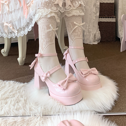 Pink Bowknot Platform High Block Heels Lolita Shoes