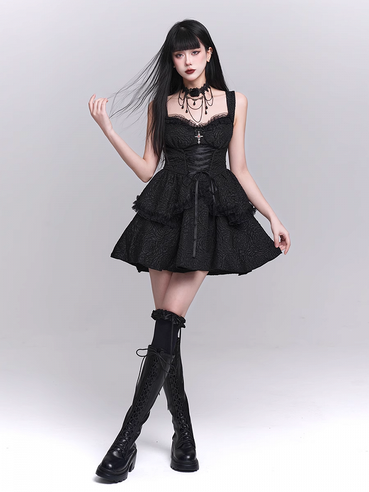 Skirt Gothic Black Sweetheart Neckline Lace-up Front Tiered