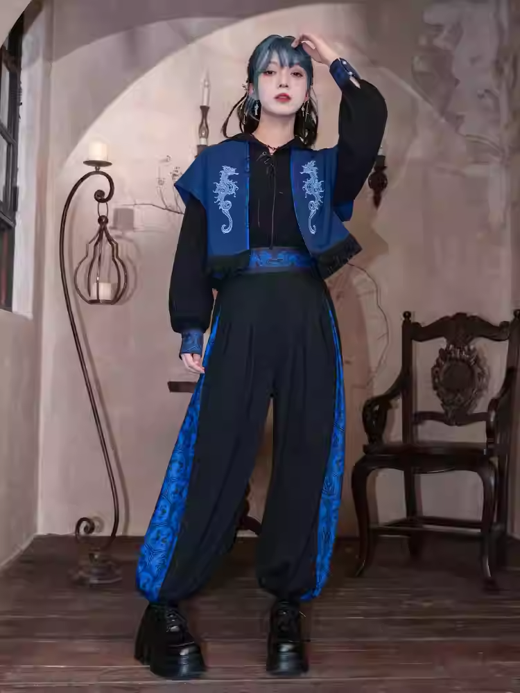 Detail at Lace-up Black and Blue Hoodie with Front