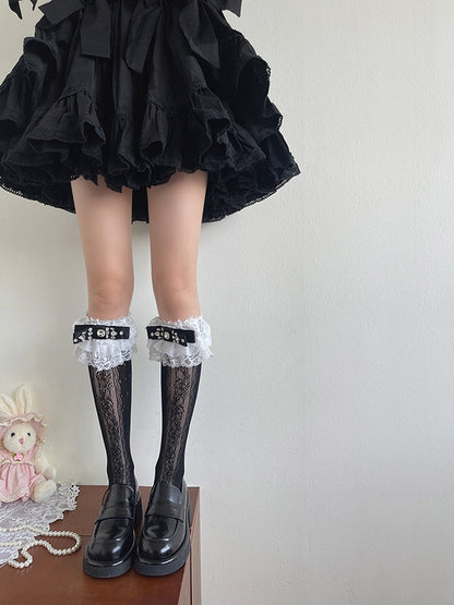 Underknee and Stockings with Edging Lace Hollow-out Decoration Rhinestone Black White