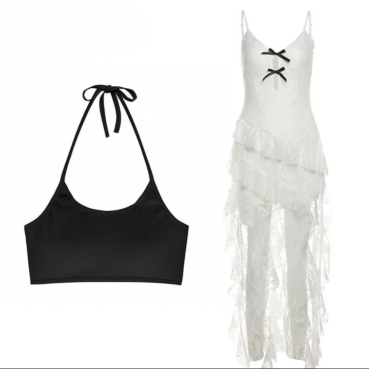Dress Black Neck Lace + Halter Bittersweet Hem Cami Top White Skirt Asymmetrical