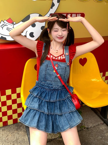 Overalls Lined Blue Tiered Ruffles Distressed Denim Design