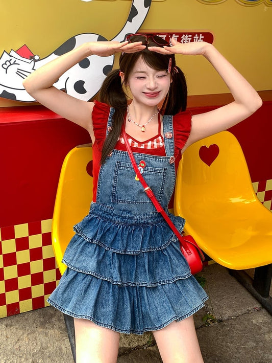 Overalls Lined Blue Tiered Ruffles Distressed Denim Design