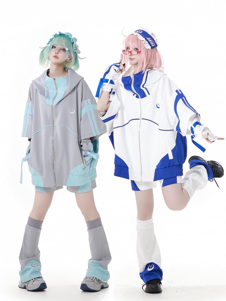 Blue and White Jirai Kei Techwear Straps Design Short Sleeves Zipper Hoodie