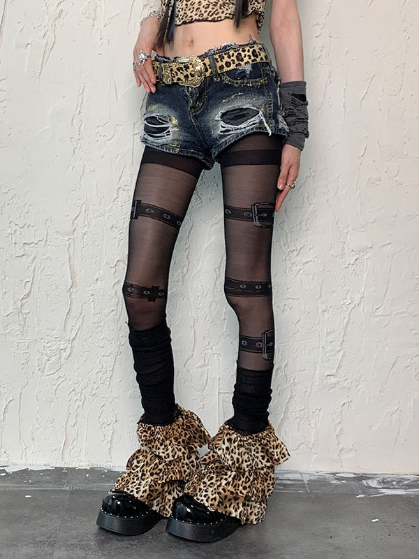 Ensemble de collants noirs à imprimé boucle punk et jambières léopard
