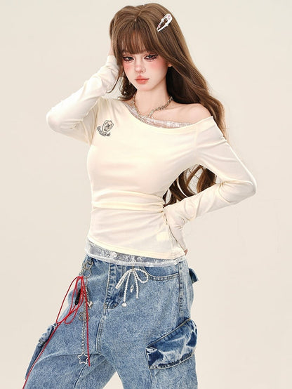 Apricot/Royal Blue Lace Accents Asymmetrical Neckline Slim-fit Top