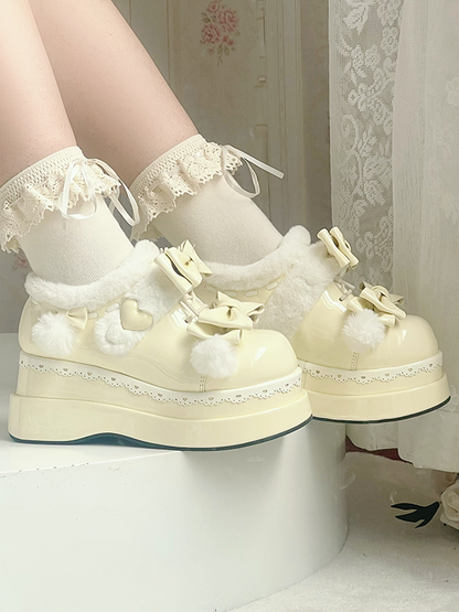 Lolita Creamy Yellow Cute Heart Bowknot Platform Shoes With Pompons