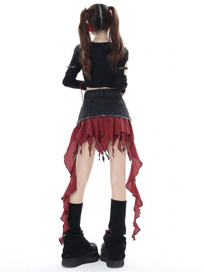 Black and Red Plaid Irregular Hem Denim Skirt