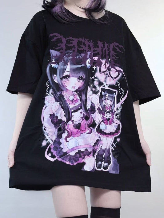 Jirai Oversized Kei Print Girl Black Neck T-shirt Round Cartoon