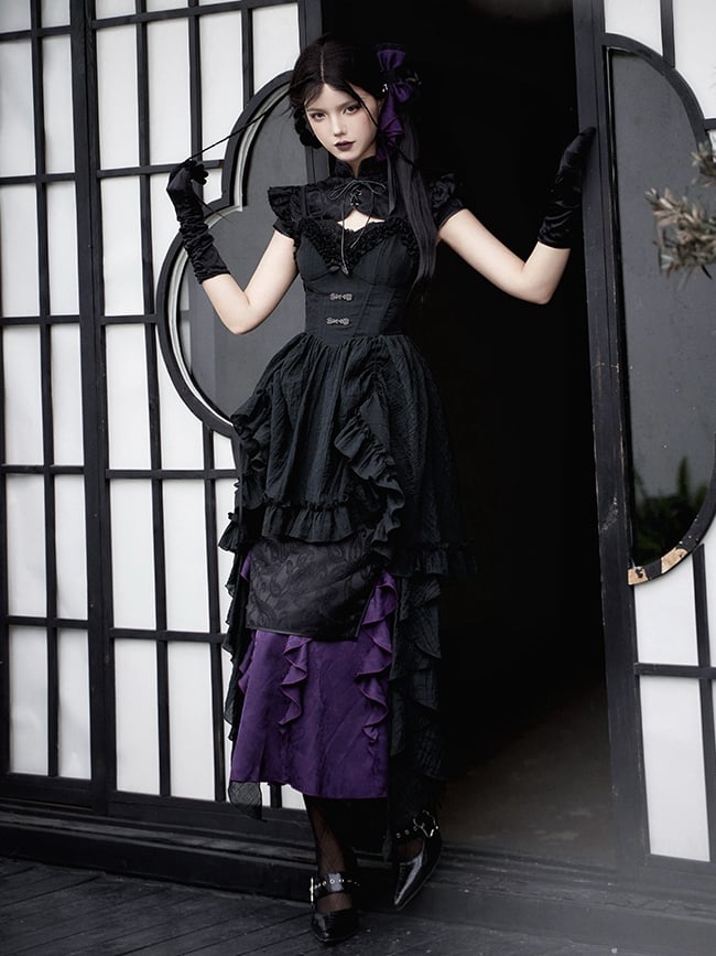 Full Jacquard Hem Qi Ruffle Set Black Qipao Cthulhu Lolita Dress Vibes Purple Trim Cascading