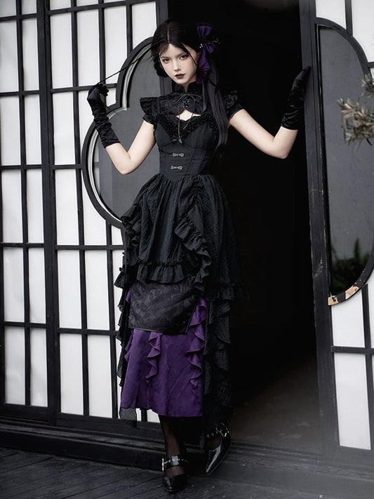 Full Jacquard Hem Qi Ruffle Set Black Qipao Cthulhu Lolita Dress Vibes Purple Trim Cascading