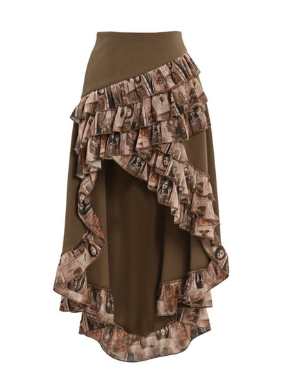 Brown Steampunk Retro Oil Ruffle Trim High-low Skirt