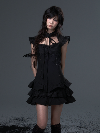 Black Gothic Punk A-Line Puff Dress with Lace  Metal Studs