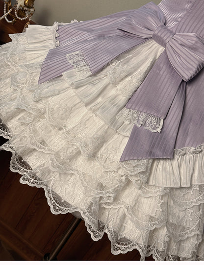 Purple Striped Fabric Slim Fit Waist White Layered Ruffle Neck Sweet Lolita Sleeveless Dress