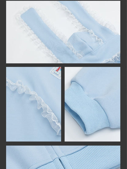 Light Blue/Apricot Bunny Ears Design Zip Hoodie with Lace Accents