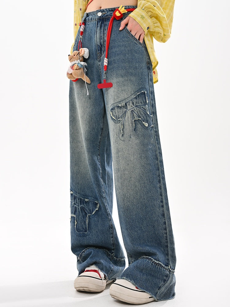 Raw Wide-Leg Jeans Waist Bowknot Appliques Blue Low Hem Vintage