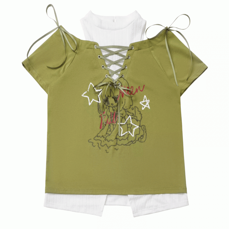Graphic T-Shirt Neckline Faux Two-pieces Green/Black Cutout Shoulder Lace-up