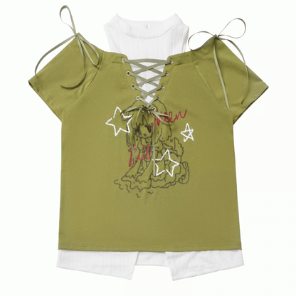 Graphic T-Shirt Neckline Faux Two-pieces Green/Black Cutout Shoulder Lace-up