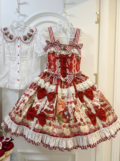 Red and Strawberry Print Dress Skirt Sweet Lolita Jumper Bunny