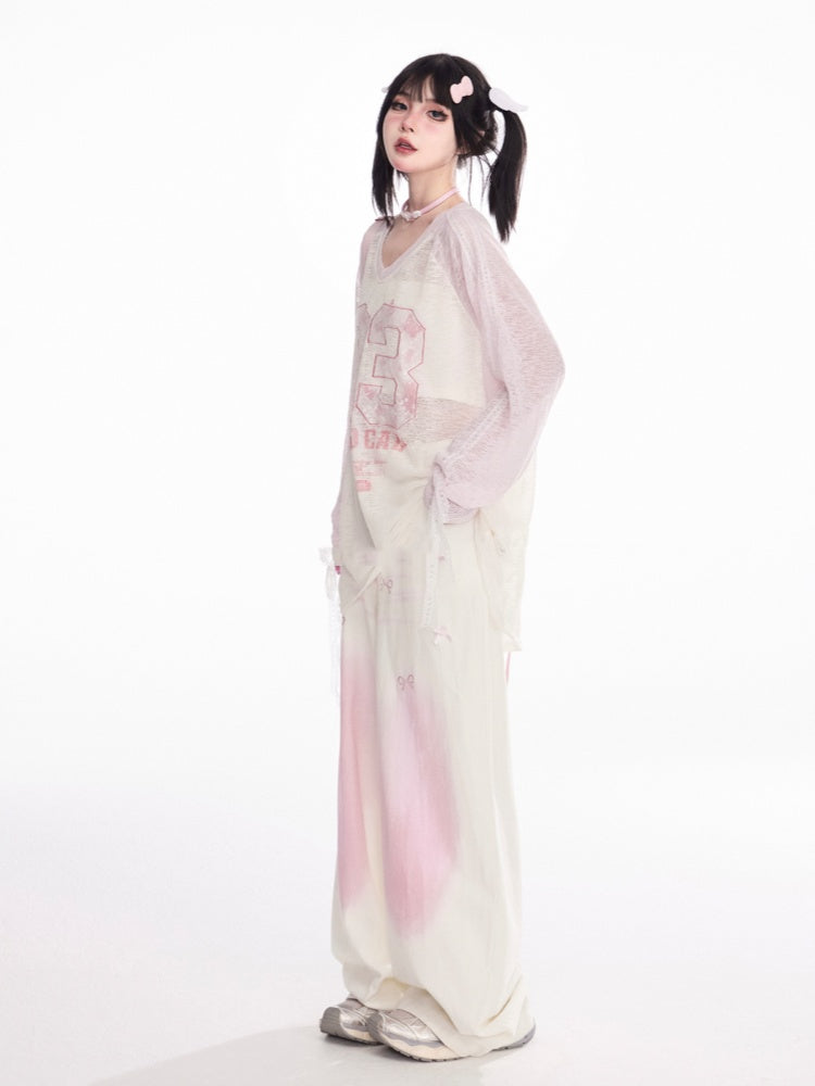 and Pink Ombre Low Apricot Bowknots Print Wide-Leg Pants Waist