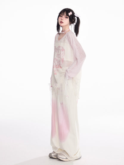 and Pink Ombre Low Apricot Bowknots Print Wide-Leg Pants Waist