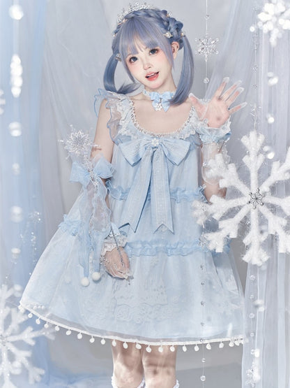 Light Blue Snow Moon Castle Overlay Pompoms Trimmed Dress Sweet Lolita Jumper Skirt