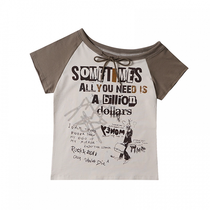 Ausschnitt Grau/Apricot Design Grafik Colorblock Asymmetrisches T-Shirt Selbstbinden
