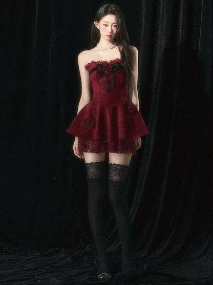 Roses Embellishments Christmas Wine Red Strapless Dress with Plush Shawl Set