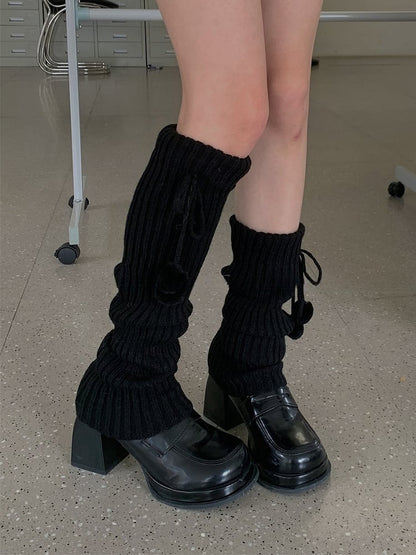 White/Beige/Light Grey/Black Knitted Leg Warmers With Pompons