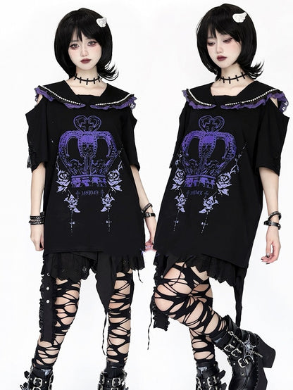 with Purple Crown White and Print Shoulders - Cutout / T-Shirt Collar Black Beaded Sailor