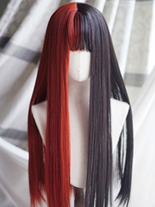 Red&Black Split Color Waist Length Straight Wig With Full Bangs
