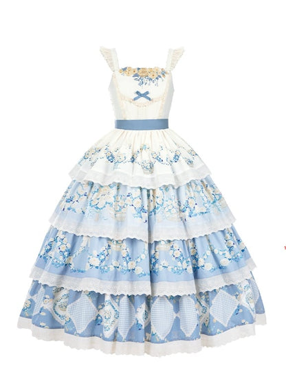 Klassisches Lolita-Kleid mit blauem Rock, Gänseblümchenkorb, Stufenpullover, Blumendruck und Blume