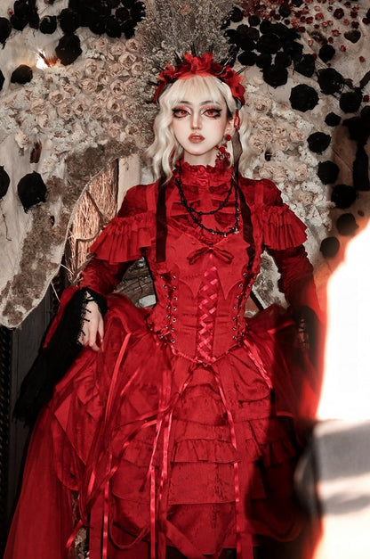 Design Lace-ups with Waist Birdcage Ovarlay Red Lolita Dress Skirt Big and Gothic Bow Corset Detachable