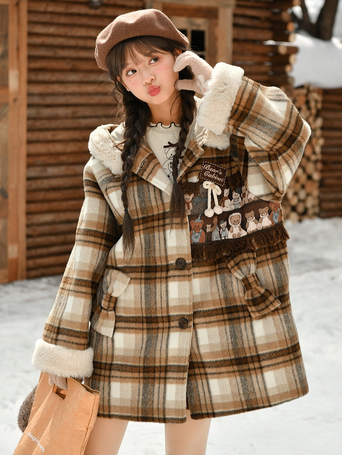 Brown Cute Little Bears Applique Plaid Hooded Woolen Coat Long Version
