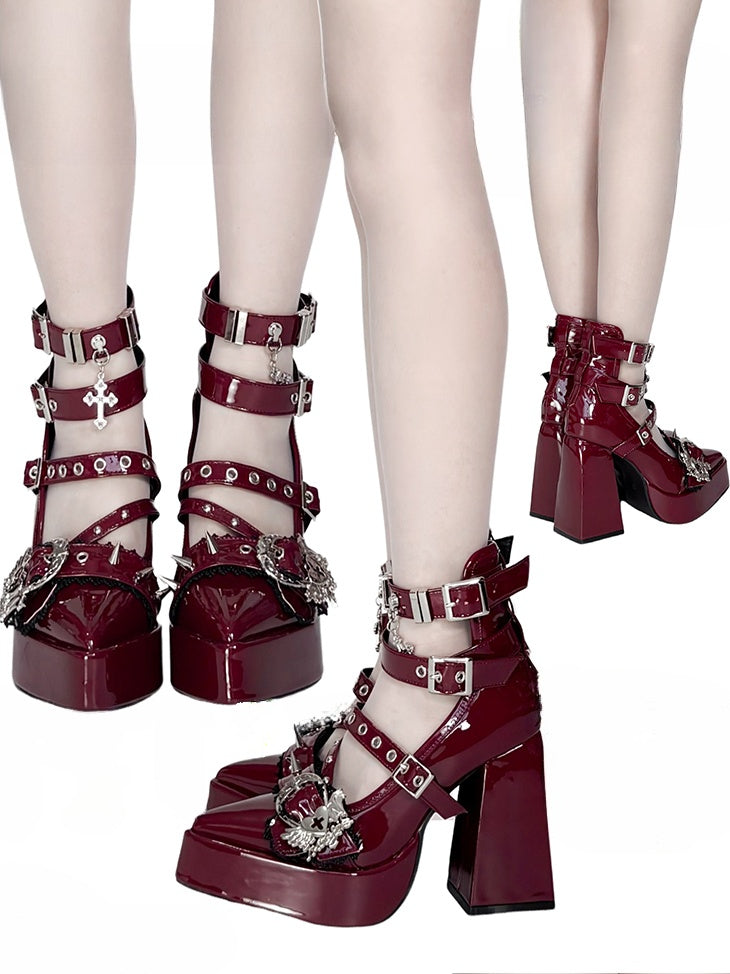 Gothic Wine Red Cross Heart Buckle Straps Stud Platform High Block Heels