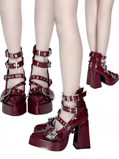 Gothic Wine Red Cross Heart Buckle Straps Stud Platform High Block Heels