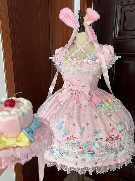Sleeves Puff Pink Print Dress Sweet Lolita Bunny and Cake Short