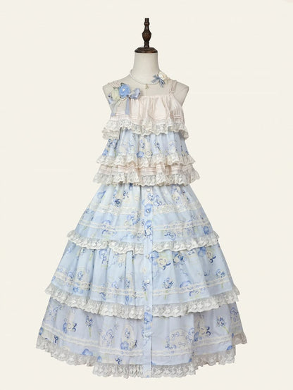 Print Top Cami Blue Floral Beige Tiered and