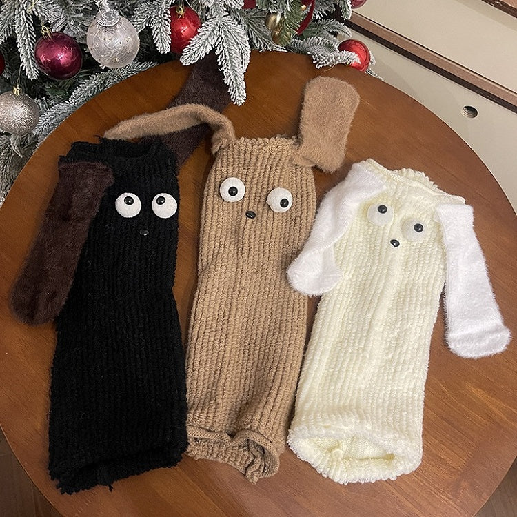 Jambières en peluche blanches/noires/marron avec oreilles de chiot