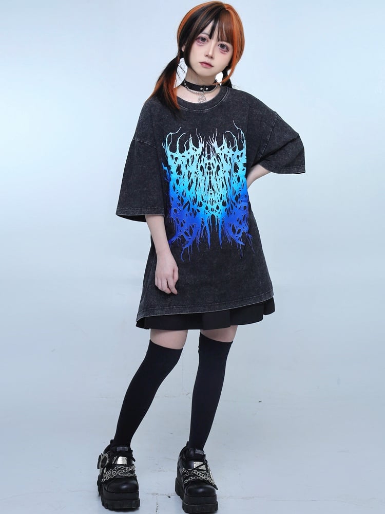 Schwarzer Hals, verblasste Waschung, Jirai, rundes T-Shirt, Design Kei
