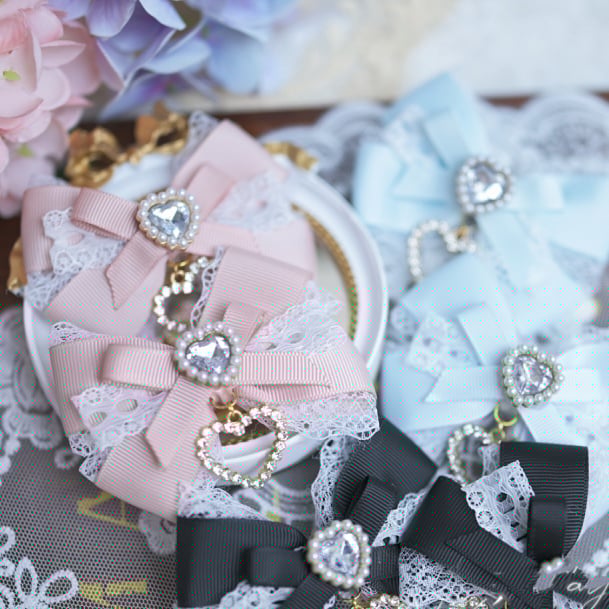 Herz Strass Jirai Kei Spitze Schleife Haarspangen Blau/SchwarzWeiß/Weiß Rosa/Hellstaubig