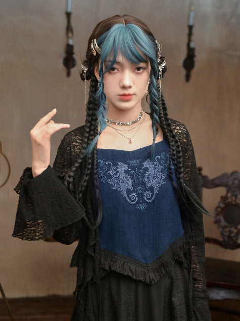 Seahorse Cheongsam Top and Cami Hem Style Tassel Dark Embroidery Coral Blue