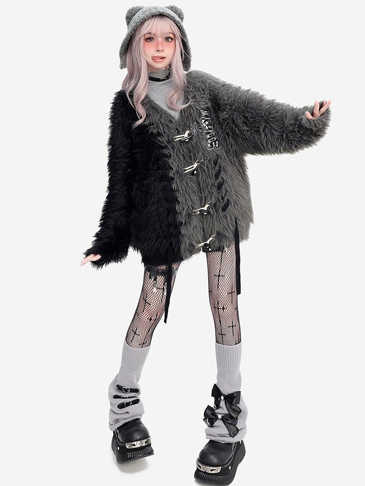 Black and Grey Colorblock Punk Bear Apllique Loose Cardigan