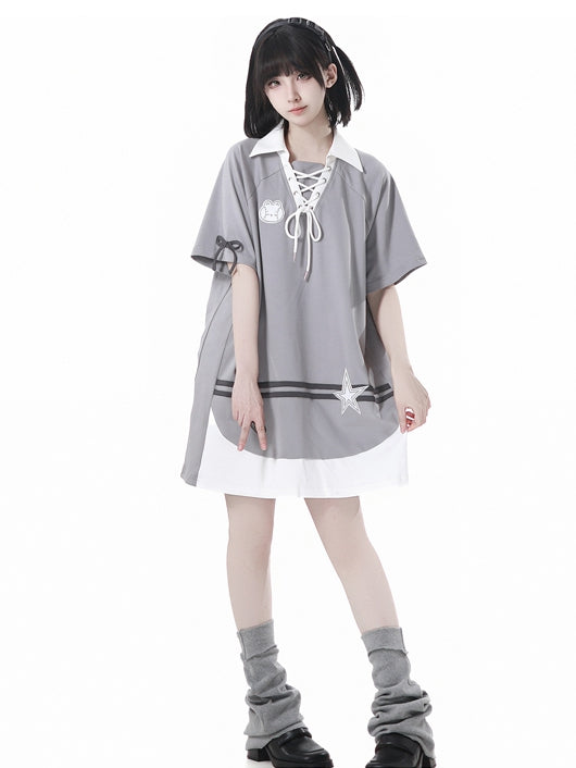 Neckline Star Loose Gray Lace-up Bunny Applique and Dress