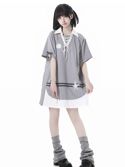 Neckline Star Loose Gray Lace-up Bunny Applique and Dress