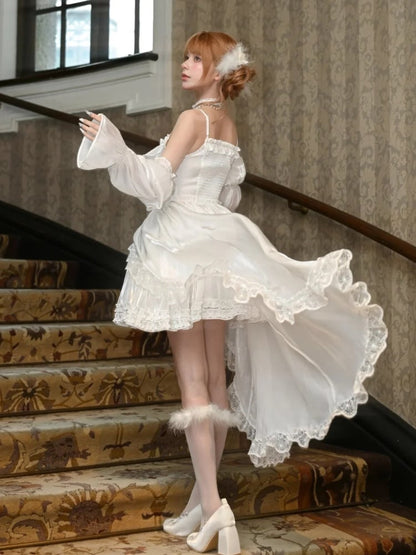 and Train White Satin Lolita Dress with Detachable Shiro Balloon Sleeves